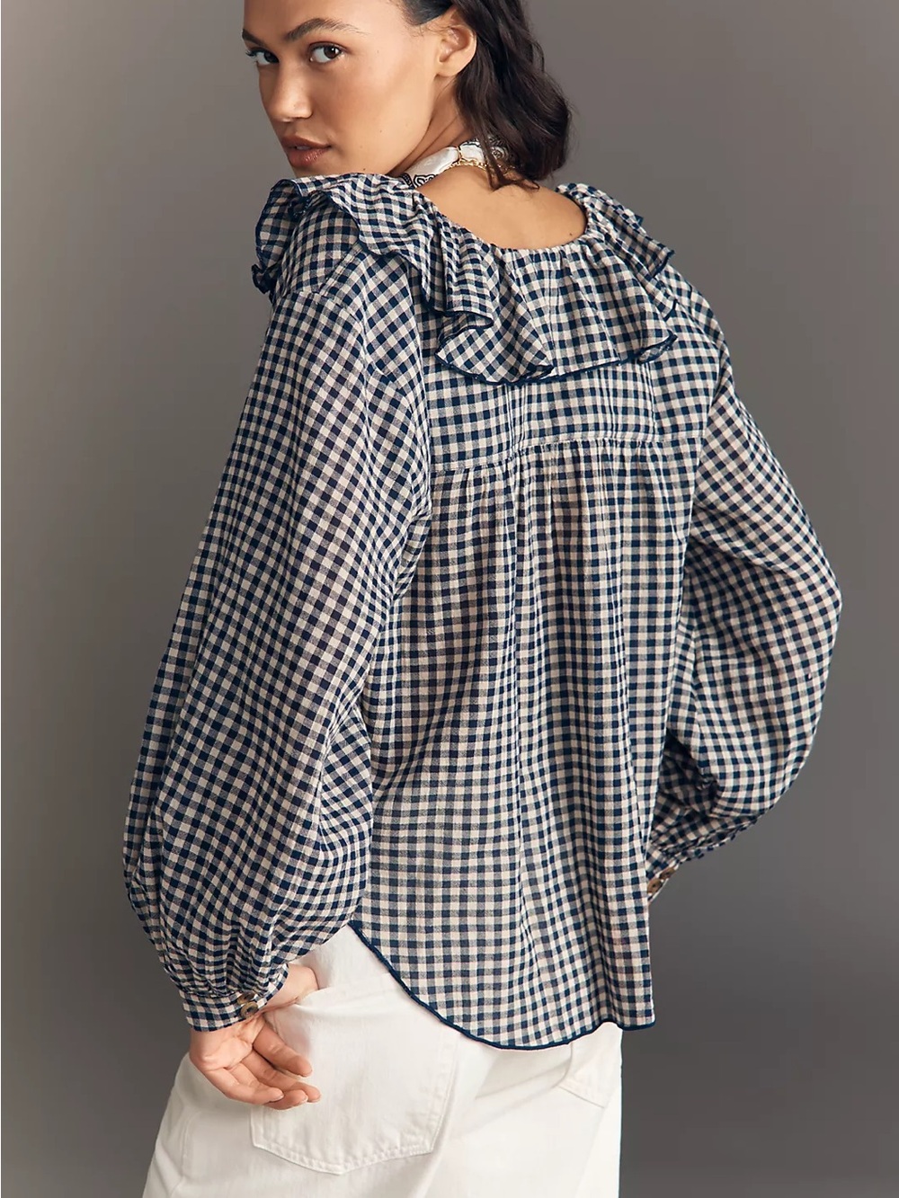 Pilcro Remy Gingham Ruffle Collar Button-Front Womens Top in Navy and Cream - Picture 2 of 6